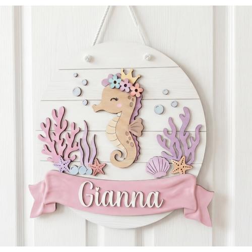 Seahorse Baby Name Sign Girl, Under the Sea Nursery Decor, Custom Wooden Round Name Plaque, Pink Coral Ocean Theme, Baby Shower Gift
