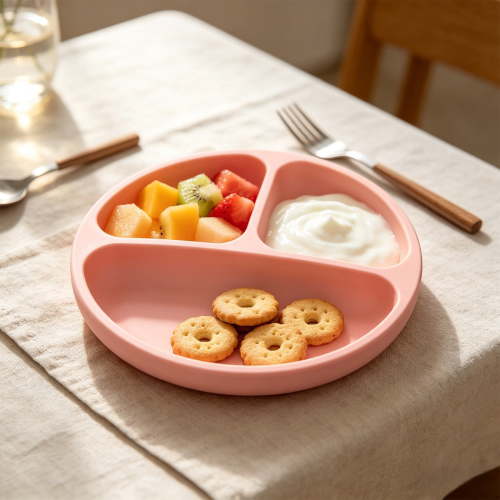 Cevemin 3 Compartment Silicone Suction Plate Anti-Slip Divided Toddler Plate Microwave Dishwasher Safe Food Tray for Baby Self Feeding