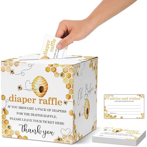 Diaper Raffle Tickets For Baby Shower, Honeycomb Bumble Bee Baby Shower Card Box and Advice Card, Party Favors Decorations Supplies Game Cards, 1 Card Collection Box & 50 Cards Per Pack (bb013 Hezi)