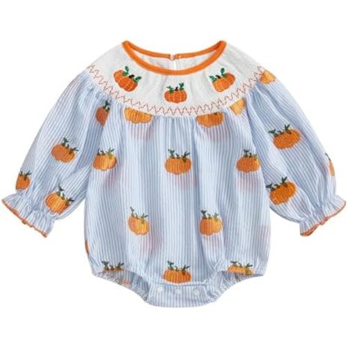 Gaono Hallowween Smocked Baby Girl Clothes Bubble Romper Long Sleeve Pumpkin Vintage Doll Bodysuit Jumpsuit Fall Outfit