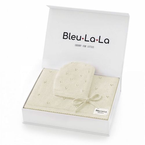 Luxury Organic Cotton Pointelle Baby Swaddle Receiving Blanket + Hat Gift Set for Newborns and Infant Boys & Girls - Butter Cream