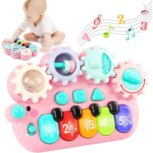 Baby Piano Toys,Piano Toys 6 9 12 18 Month Old Baby Piano Toys,Kids Piano Keyboard with Gears Game, Light Up Musical Toys for Toddlers Boys Girls,Early Educational Music Toy, Kids Birthday Gift Pink