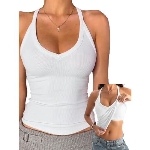 Danysu V Neck Cotton Tank Tops with Built-in Shelf Bra Sleeveless Racerback Fitted Basic Cami Shirts