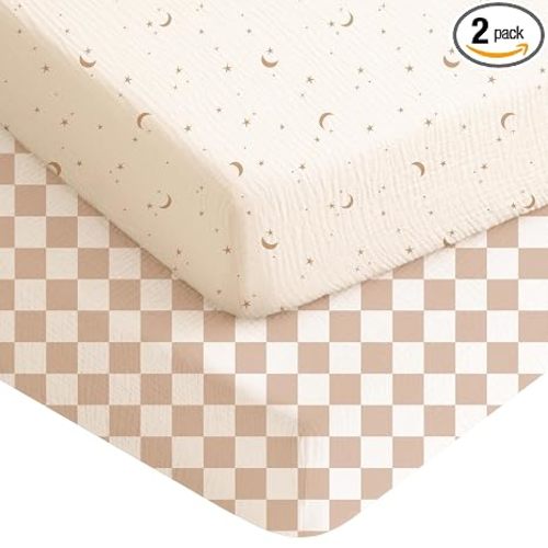Konssy Muslin Crib Sheets for Boys, Soft Cotton Neutral Baby Sheets for Standard Crib Mattress 2 Pack, 52"x28" (Coffee Check,Moon)