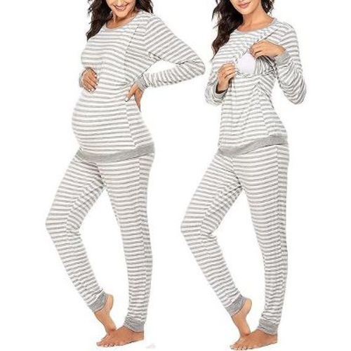 Ekouaer Nursing Pajama Set Long Sleeve Maternity Clothes Labor Pregnancy Pjs Breastfeeding Thermal Underwear Sleepwear Ash Light Gray Stripe XL