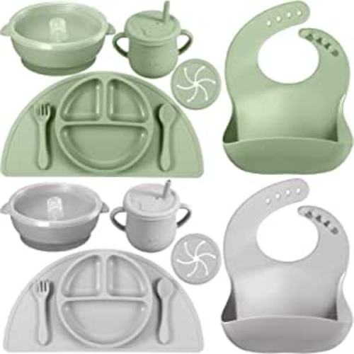 Amazon.com : 16 Pack Baby Feeding Supplies Set, Silicone Baby Led Weaning Suction Plates and Bowls Silicone Bibs Anti Slip Placemat Baby Spoons Forks Snack Cups, Toddler Eating Utensil Set (Green, Light Gray) : Baby