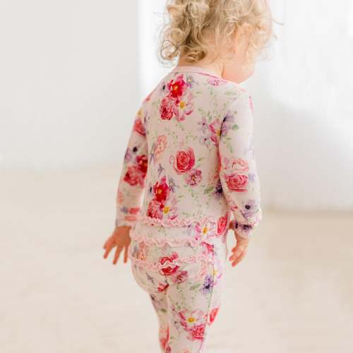 Print Muffin Ruffle Footie with 2 Way Zipper in Shrinking Violet Dreamy Floral