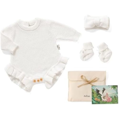 Avibae Cotton Newborns Set with Knit Sweater, Hair Band, Booties for Baby Girls, Warm Cute Infant 3 Piece Set