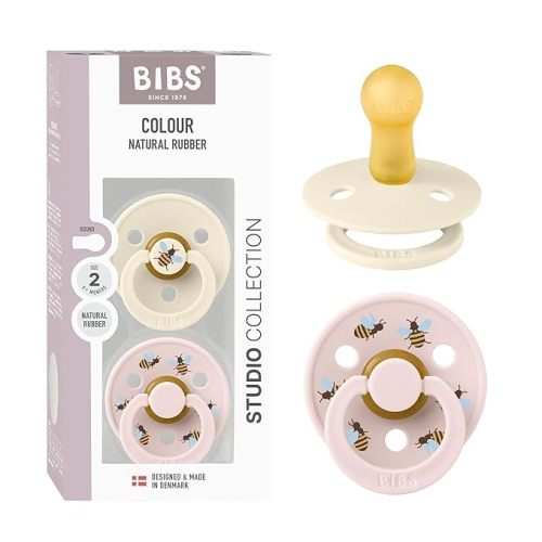 BIBS Pacifiers - Studio 2 Pack | Round Nipple Baby Pacifier | BPA Free Natural Rubber Latex Soother | Made in Denmark | Size 6+ Months | Jasmine Blush