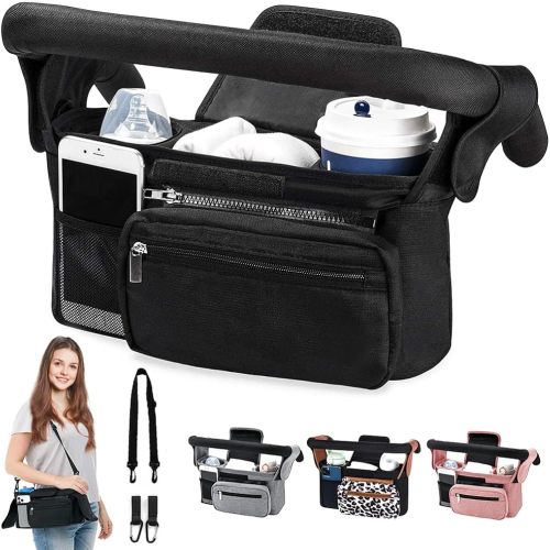 NARUTOO Organiseur universel pour poussette de bébé, sac de rangement pour poussette avec sac de téléphone amovible, panier pour poussette avec 2 porte-gobelets isothermes, sac de rangement pour poussette avec 2 crochets compatible avec la plupart des pou