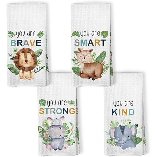 Jungle Theme Inspirational Wild Animal Kids Hand Towels Set of 4, Affirmations for Kids Motivational Decorative Hand Towel for Bathroom, Animal Nursery Decor Kitchen Dish Towels, 16x24 Inch