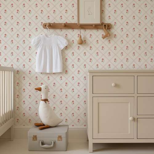 Pink Floral Tile Peel and Stick Removable Wallpaper – Cottagecore Nursery Wall Decor
