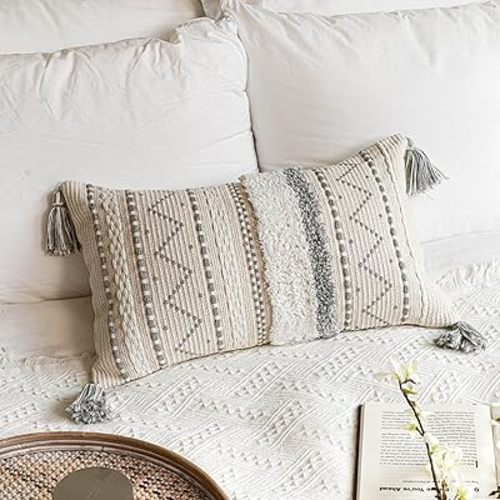 BlissBlush Decorative Lumbar Throw Pillow Cover 12x20 Gray Rectangular Boho Accent Pillowcase Neutral White Farmhouse Cushion for Couch Sofa Bedroom Living Home Décor (Cover ONLY, Pack of 1)