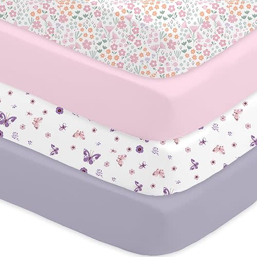 Bimocosy Crib Sheets 4 Pack, Baby Crib Sheets Fitted for Boys and Girls Breathable & Snug Fit, Soft Toddler Bed Sheets for Standard Crib Mattress Nursery Daycare Essentials, Butterfly Bloom