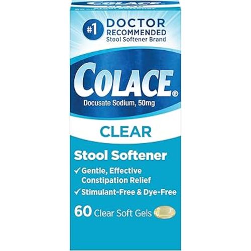 Colace Clear Stool Softener for Gentle Effective Constipation Relief, #1 Doctor Recommended Stool Softener Brand, Dye Free, 50 mg Docusate Capsules, 60 Count