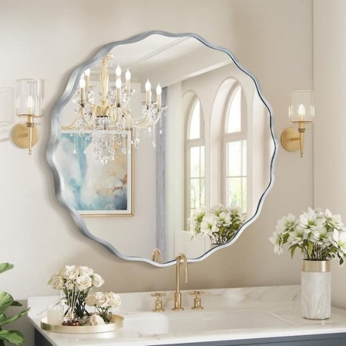23.5 in. W x 23.5 in. H Round Silver Aluminum Alloy Framed Scalloped Wavy Wall Mirror