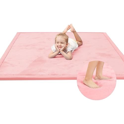Huloo Sleep Baby Play Mat for Floor,1.3" Thick Elasti-Foam 50x50 Playpen Mat for Toddlers Infant Kids,Water-Repellent Soft Coral Velvet Tummy Time Mats,Non Slip Crawling Mats,Tatami Style(Pink)