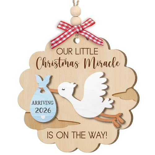 Stork Pregnancy Announcement Ornament 2025, Unique New Parents Gifts for Couples, Newlyweds, Husband Wife, Baby Wooden Ornaments for Christmas Decorations, Gender Reveal Ideas Gifts