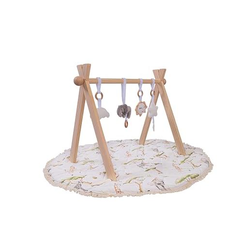 Premium Wooden Baby Gym with Washable Play Mat | FSC-Certified Montessori Activity Center | Sustainable Non-Toxic Play Gym for Baby Development 0-12 Months | Natural Wood Activity Center