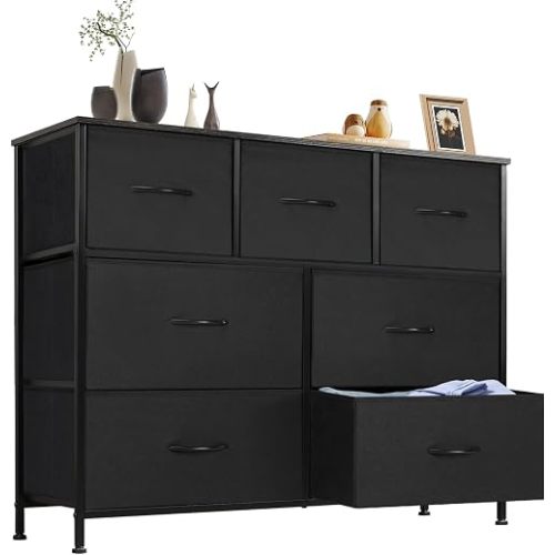 Sweetcrispy 7 Drawer Dresser Storage Organizer with Fabric Bins, Sturdy Steel Frame and Wood Top, Easy Pull Handles, for Bedroom Closet Hallway Entryway,Black