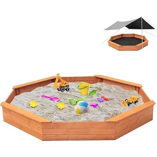 Kids Large Octagonal Wooden Outdoor Sandbox with Cover, 4 Built-in Benches Extra Large Sandpit, Bottom Liner, Playset Gift for Backyard Garden Easy Assembly