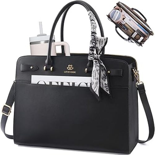 LOVEVOOK Laptop Tote Bag for Women, Faux Leather Work Bag Waterproof Briefcase Handbag for Teacher Business with Silk Scarf