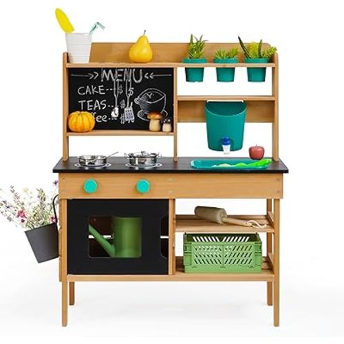 Mud Kitchen for Kids Outdoor, Wooden Play Kitchen with Real Working Faucet & Water Tank, Sensory Montessori Kitchen Playset with Sink, Chalkboard, Pots & Pans for Toddlers & Kids Ages 3+