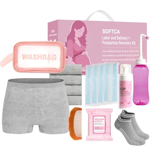 Postpartum Recovery Essentials Kit - Birth Comb,Peri Bottle,Disposable Postpartum Underwear,Perineal Healing Foam,Instant Ice Pads,Cooling Pad Liners,Socks,Canvas Bag,Postpartum Kit Gift Set