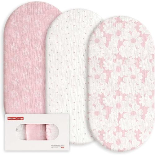 Gllquen Baby Muslin Bassinet Sheets 3 Pack, Breathable Elastic Cozy Fitted Cotton Bassinet Mattress Sheet for Baby Boy Girls, Fit for Hourglass Oval Rectangular Cradle Pad Sheets 33"x17" (Pink)