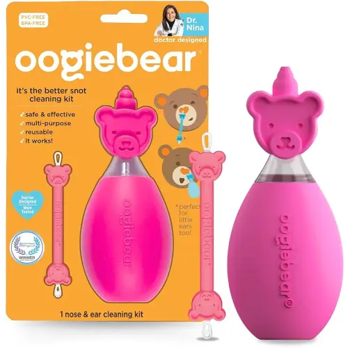 oogiebear Bear Pair — The Safe Baby Booger Cleaner and Nose Sucker Duo | Bulb Aspirator and 2-in-1 Nose and Ear Wax Cleaner | Latex and BPA Free - Raspberry
