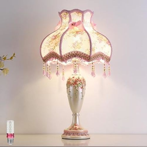 Lovely Table Lamp with Fabric Lampshade, Antique Flower Decorative Bedside Desk Lamp, Handmade Night Light for Bedroom Nightstand