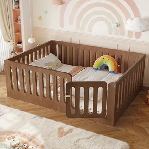 KEIKI Full Size Wood Montessori Floor Bed Frame with High Fence, Natural