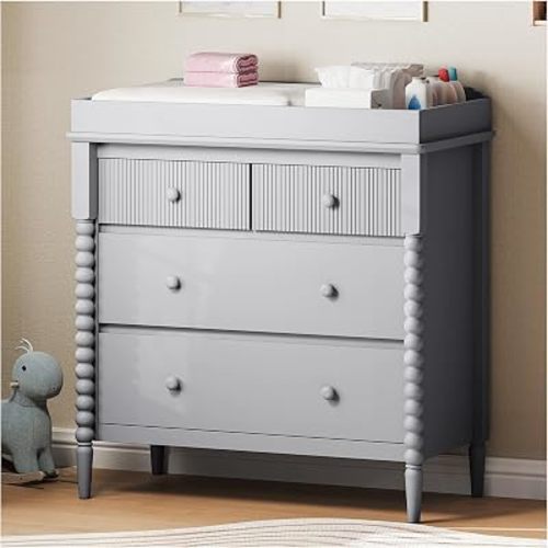 JOINICE Grey Nursery Dresser with Changing Table, 4 Drawers for Storage