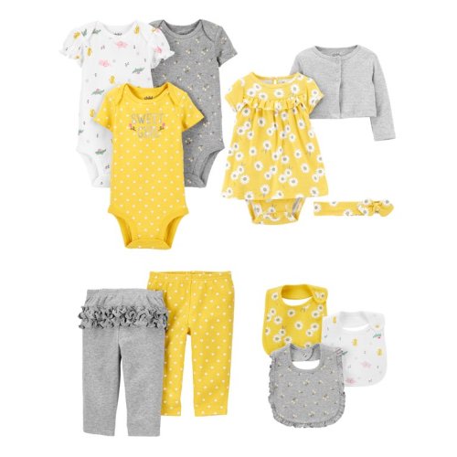 Carter's Child of Mine Baby Girls Short Sleeve Bodysuits, Pants, Dress Set, and Bibs, 11-Piece Set, Preemie-24 Months