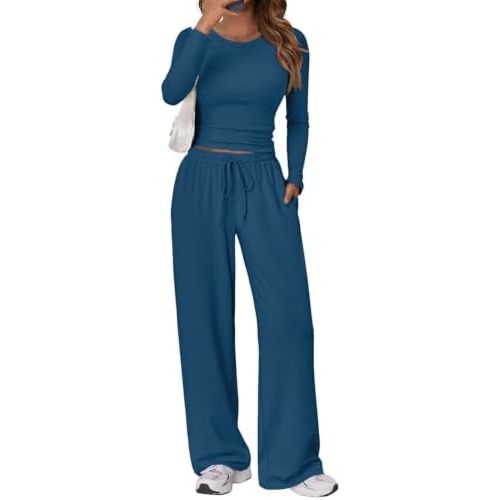Trendy Queen Women's 2 Piece Matching Lounge Set Long Sleeve Side Ruching Top Wide Leg Drawstring Pants Set with Pockets