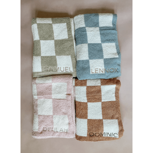 Super Soft Cozy Checkered & Solid Embroidered Baby Toddler Decorative Blanket