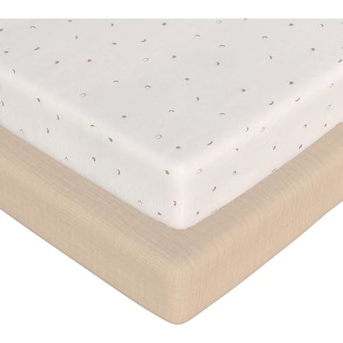 2-Pack Muslin Mini Crib Sheets Girl Boy, Cotton Muslin Pack and Play Sheets Fitted, 27" x 39", Fits Graco Pack n Play Mattress, Playpen Sheets Pack n Play, Oeko-Tex (Neutral Pack n Play Sheets)