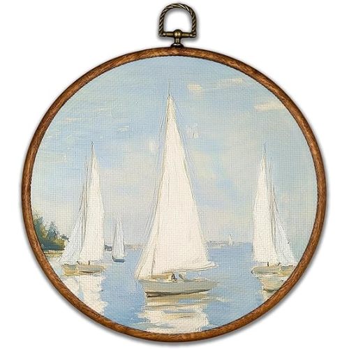 BCUANGD Vintage Sailboat Round Wall Art Decor - Retro Coastal Landscape Wall Art Canvas Frame Artwork Prints, Rustic Nautical Blue Seascape Round Wall Hanging Decorations for Home, 10"x10"