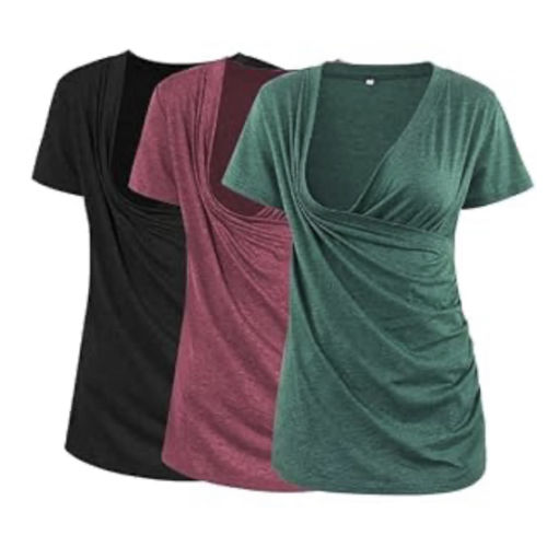 Liu & Qu Women's Maternity Nursing Tops, Layered Wrap for Breastfeeding, V-Neck Short Sleeve Tee Shirts 3 Packs