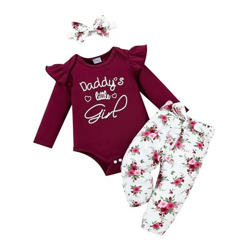 FAMIHAO Baby Girl Clothes Set Daddys Printed Ruffle Romper Top Floral Pants Newborn Infant Girl Clothing Outfit