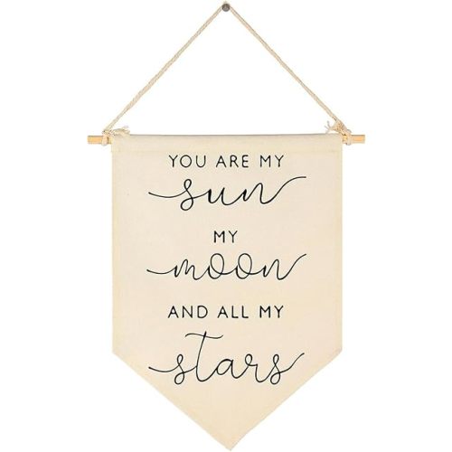 Girl Nursery Decor Canvas Banner,Nursery Bedroom Playroom Wall Art Decorations,Nursery Hanging Sign with Rope (You Are My Sun My Moon And All My Stars)