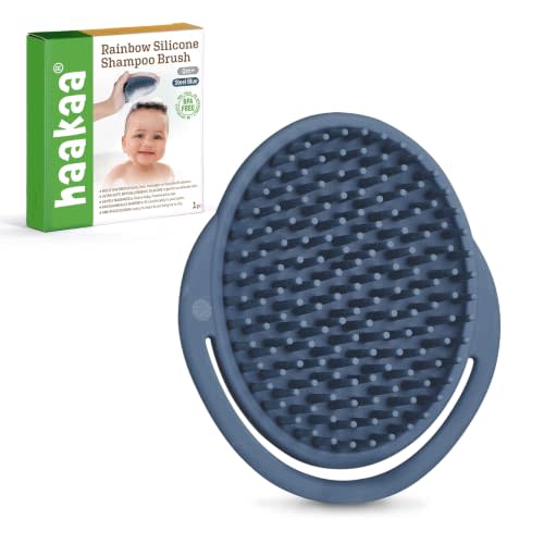 Haakaa Silicone Shampoo Brush, Baby Hair Scrubber, Bath Brush, Steel Blue | Cradle Cap Brush with Soft Silicone Bristles, Easy to Grip for Washing Baby Hair and Scalp at Bath Time