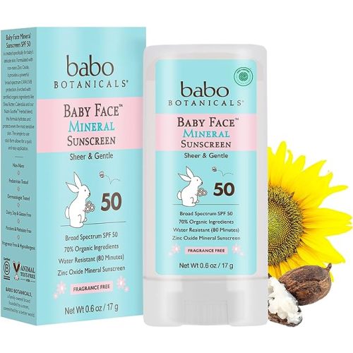 Babo Botanicals Baby Face Mineral Sunscreen Stick SPF 50 with 70+% Organic Ingredients, 100% Zinc Active, Water-Resistant, Fragrance-Free, Unscented, 0.6 Ounce