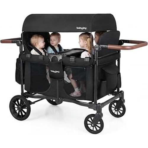 BABY JOY Wagon Stroller for 4 Kids, Foldable Stroller Wagon with Removable Canopy, Adjustable Handle, Snack Tray, Parent Organizer, 5-Point Safety Harness, Convertible Diaper Bag/Changing Pad (Black)