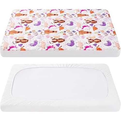 TILLYOU Pack and Play Sheet - Soft Quilted Crib Cover Pad, Toddlers Mattress Protector with 1''-3'' Deep Pocket, Thick Play Yard Playpen Sheets, Crib Mattress Pad 39"x27", Animal Graffiti