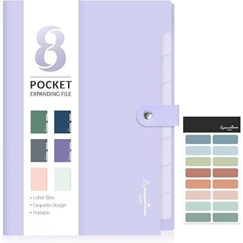 Sooez Elegant Accordion File Organizer with Labels, 8 Pocket Expanding File Folder, Portable Folders for Documents, Cute Paper Organizer for School Office Supplies, Letter Size, Light Purple