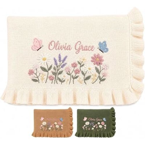 LOVELYPOD Custom Knit Baby Blanket, Embroidered Name Nursery Blanket, Newborn, Cotton Knit Stroller Blanket, Personalized Baby Knit Blanket Gifts03