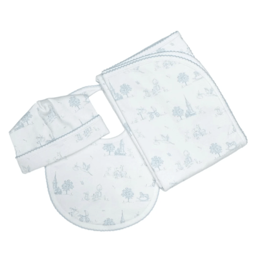 Baby Bundle - Blanket, Bib and Cap Set - Blue Toile