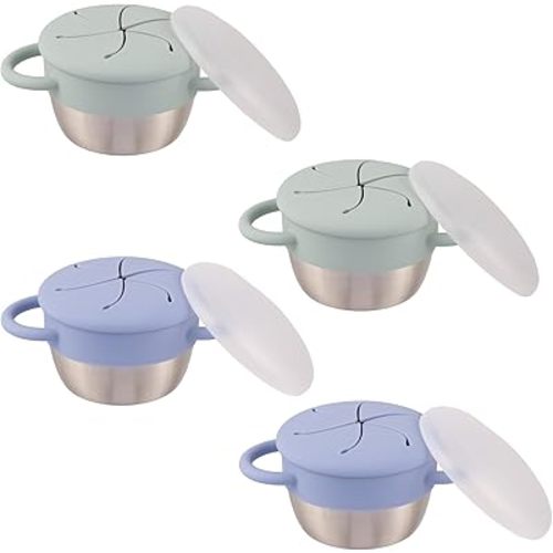 Elk and Friends Stainless Steel Snack Cups – Pack of 2 | Removable Silicone Food Catcher and Travel Lid | Spill-Proof Snack Containers for Baby, Toddler, Kids | Dishwasher Safe, Food Grade Silicone