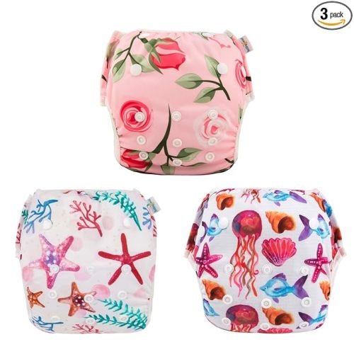 Babygoal Baby & Toddler Girl and Boy Swim Diapers, Reusable Adjustable Washable One Size Fits 6M-3T Gifts and Swimming Lessons 3 Pack 3ZSD06